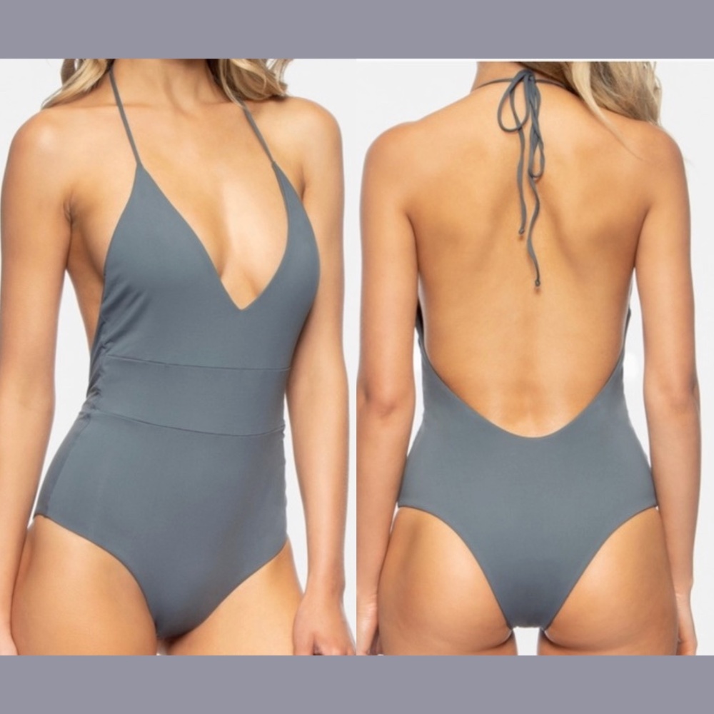 NEW Tavik [ XS ] Chase Deep V-Neck One-Piece‎ Swimsuit in Turbulence Grey